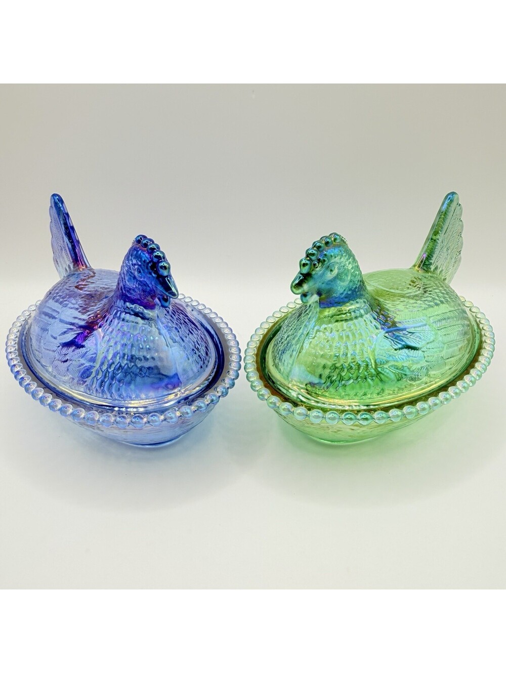 Pair Blue Green Carnival Glass Hen on Nest 4.5” Iridescent Beaded Rim Dishes